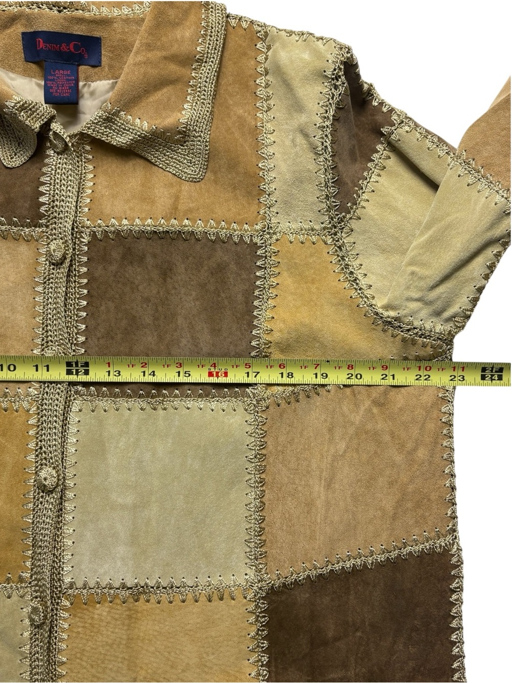 VTG Denim & Co Patchwork Suede Leather Jacket Crochet Trim L Boho - Picture 8 of 12